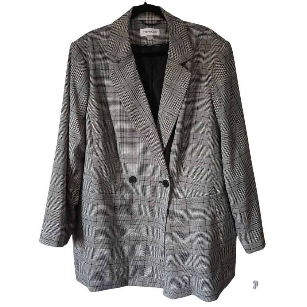 CALVIN KLEIN Blazer Plaid Black White Long Career Coat Womens Size 22W NEW